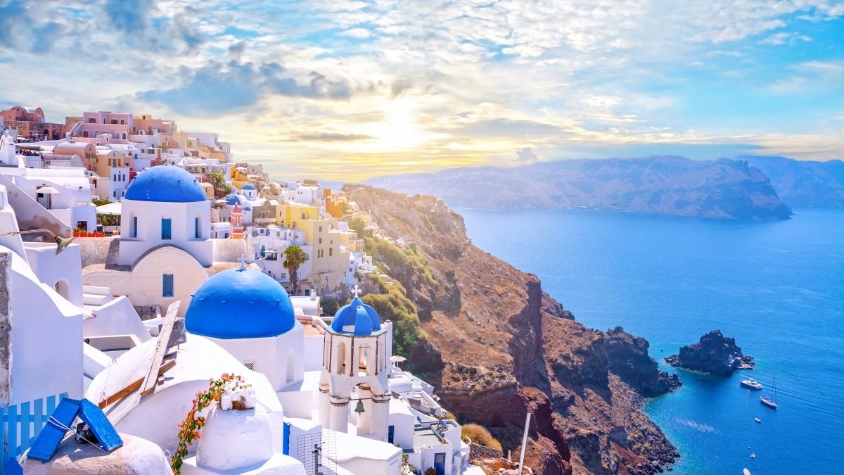 Greek town and coastline at sunrise