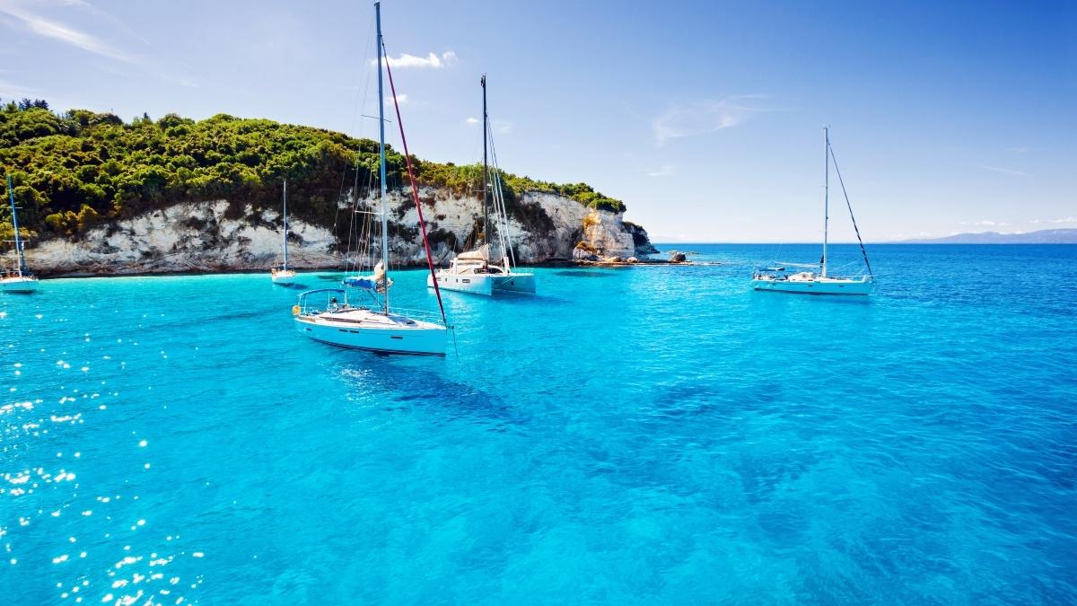 Boats on a lagoon off an island